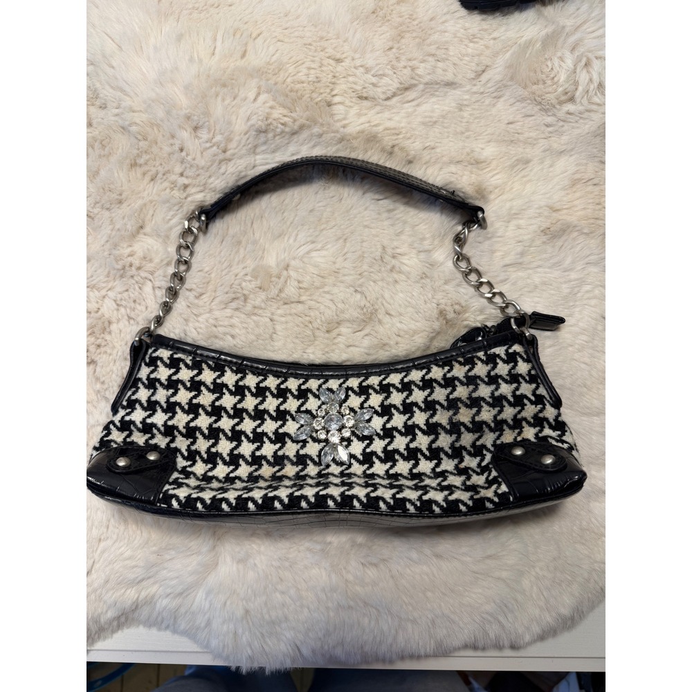 Apt 9 Houndstooth Baguette Shoulder Bag Bling Brooch Croc Trim Vintage Y2K 90s